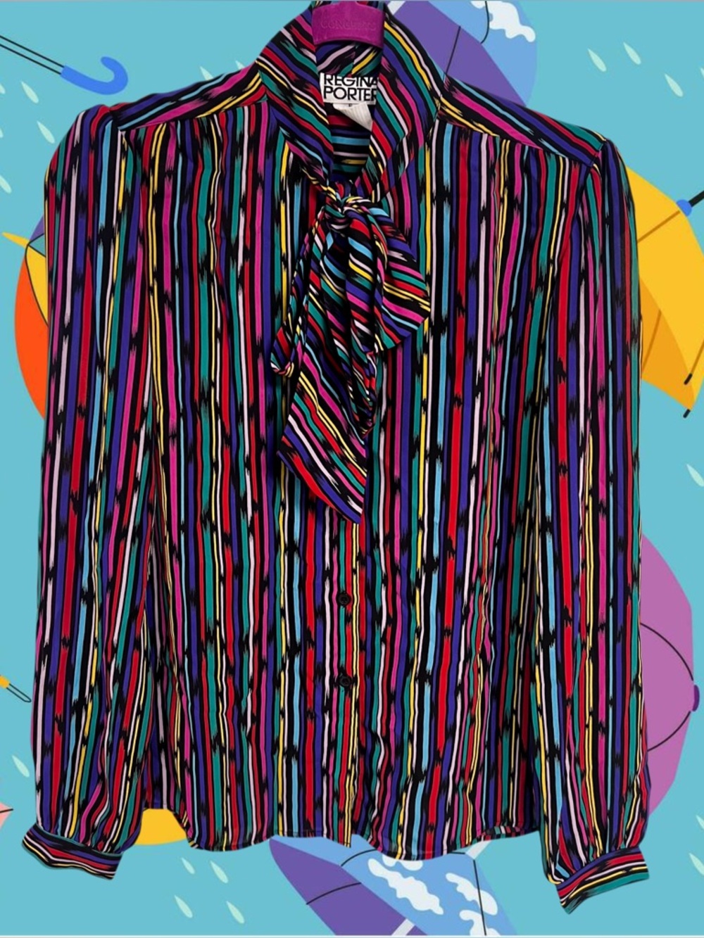 Vintage Regina Porter rainbow striped button up tie blouse